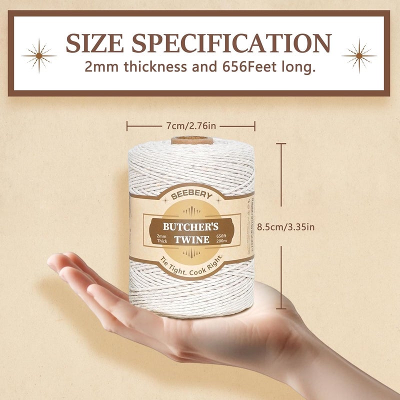 SEEBERY Butchers Twine – 100% Natural Cotton Kitchen String, Oven Safe for Tying Meat, Roasting, Trussing Turkey, Baking, Grilling – Food Grade for Cooking, Crafts, and Gift Wrapping (656ft) - Image 2